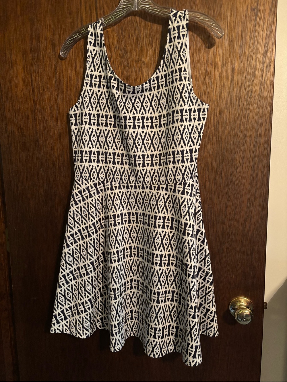 Sleeveless Navy and White Patterned A-Line Dress